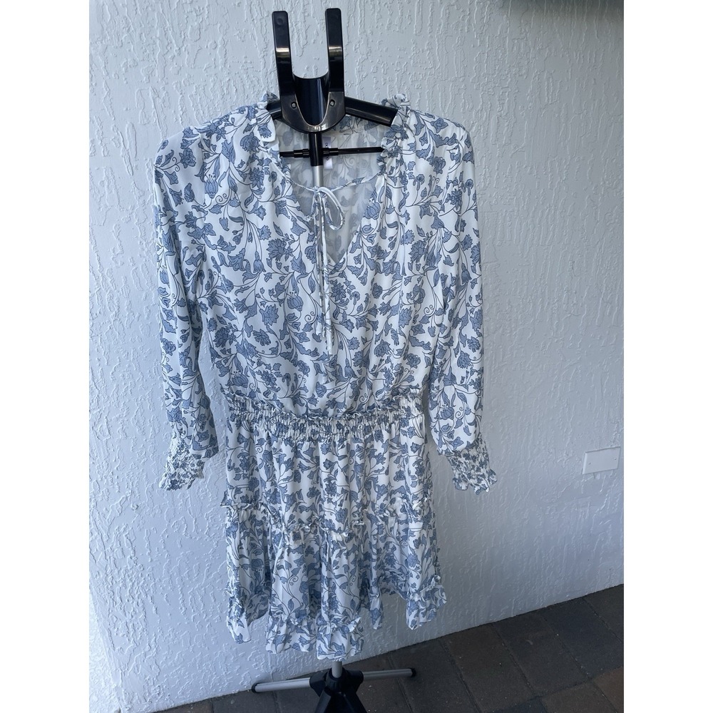 Dokotoo Womens Blue Floral Ruffle Neck Smocked Waist Tiered Mini Dress White L